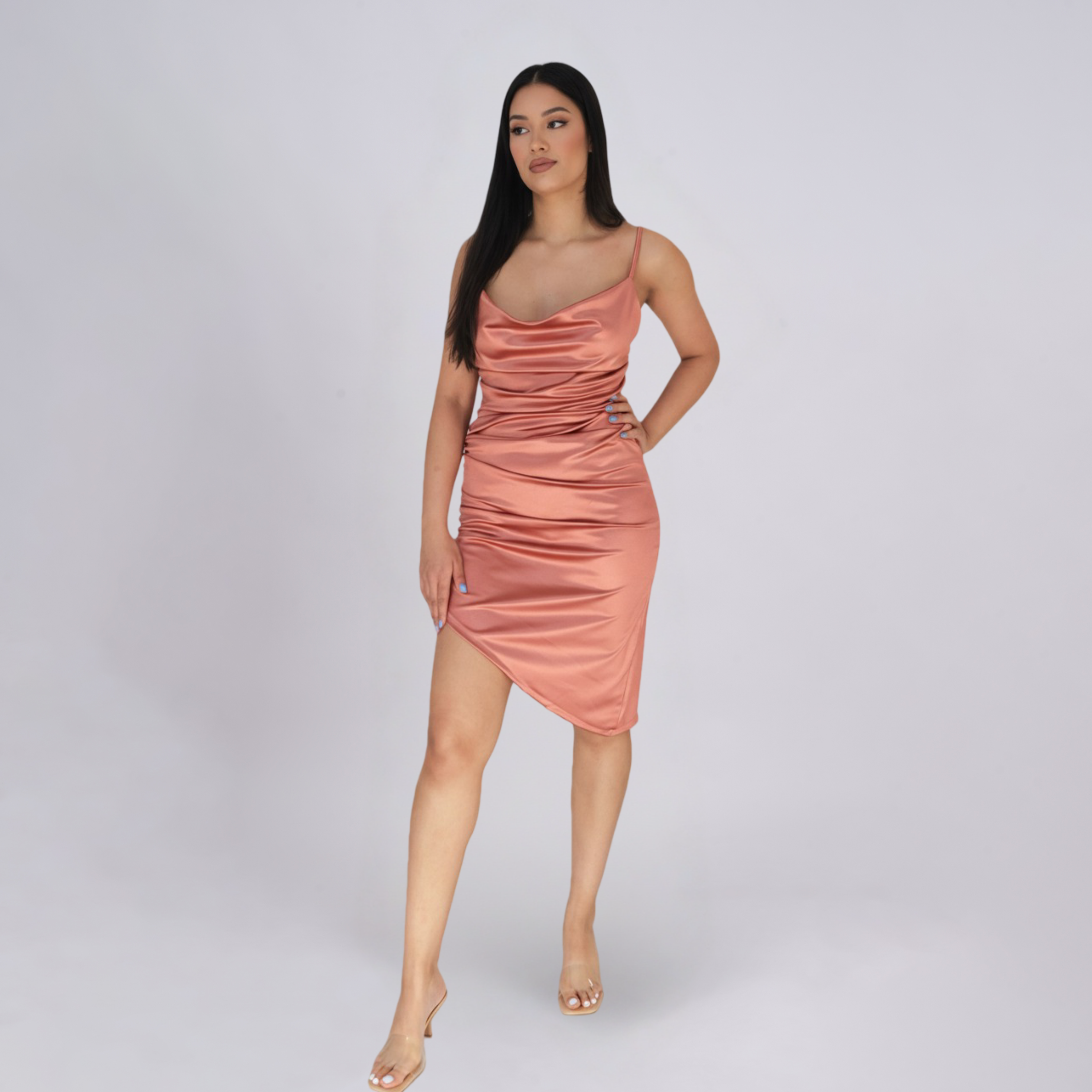 Asymmetric Satin Cowl Neck Midi Dress with Side Drawstring