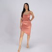 Asymmetric Satin Cowl Neck Midi Dress with Side Drawstring