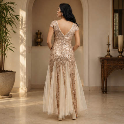 Beaded Tassel Sequin Fringe Gown