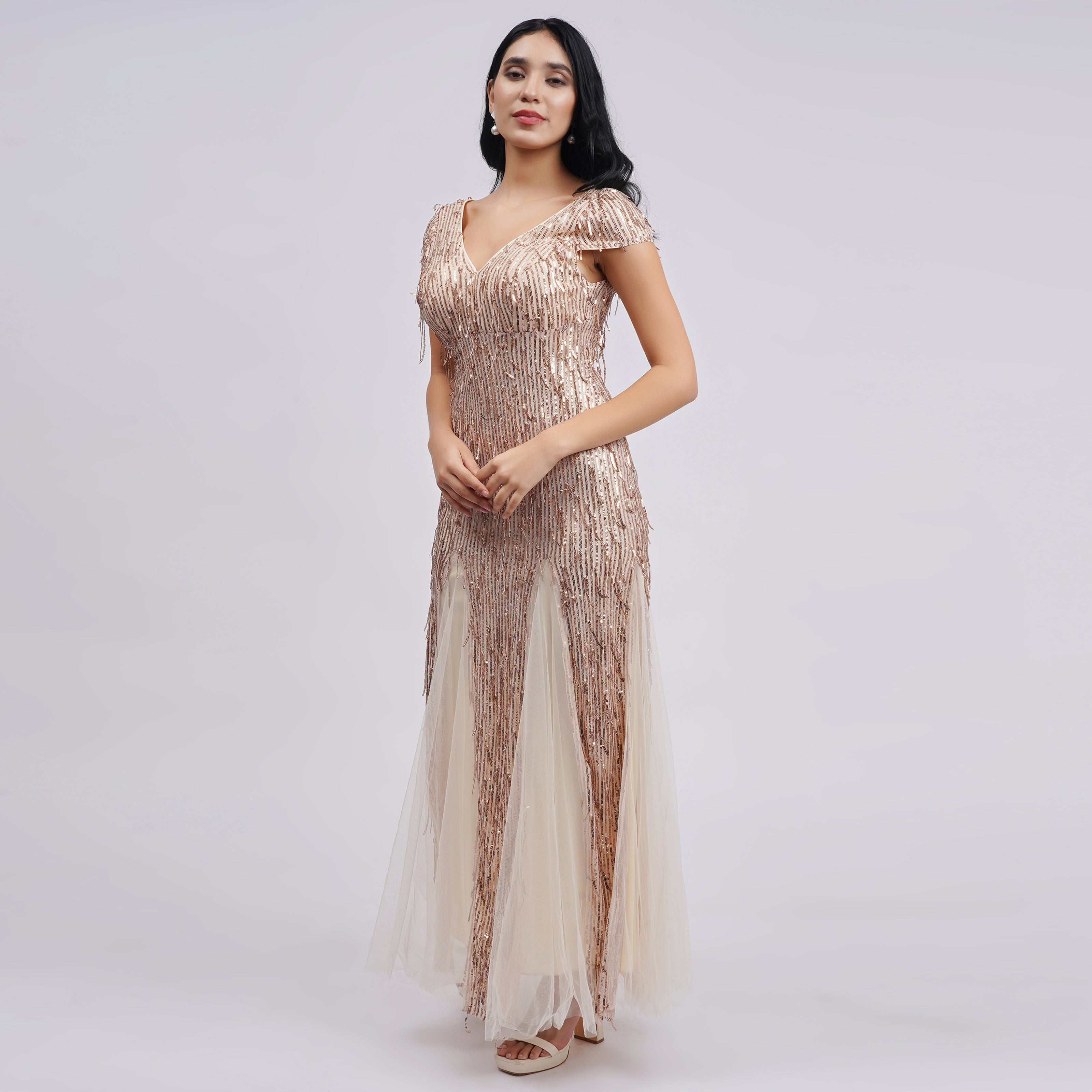 Beaded Tassel Sequin Fringe Gown