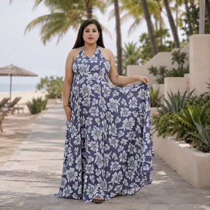 Botanical Halter Flare Maxi Dress