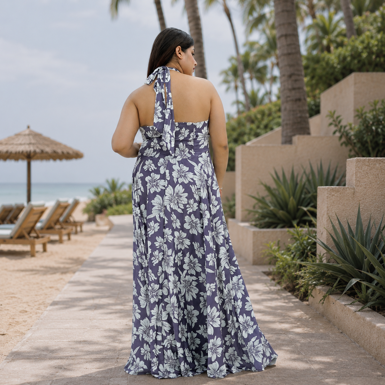 Botanical Halter Flare Maxi Dress