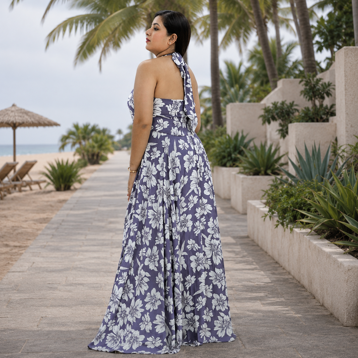 Botanical Halter Flare Maxi Dress