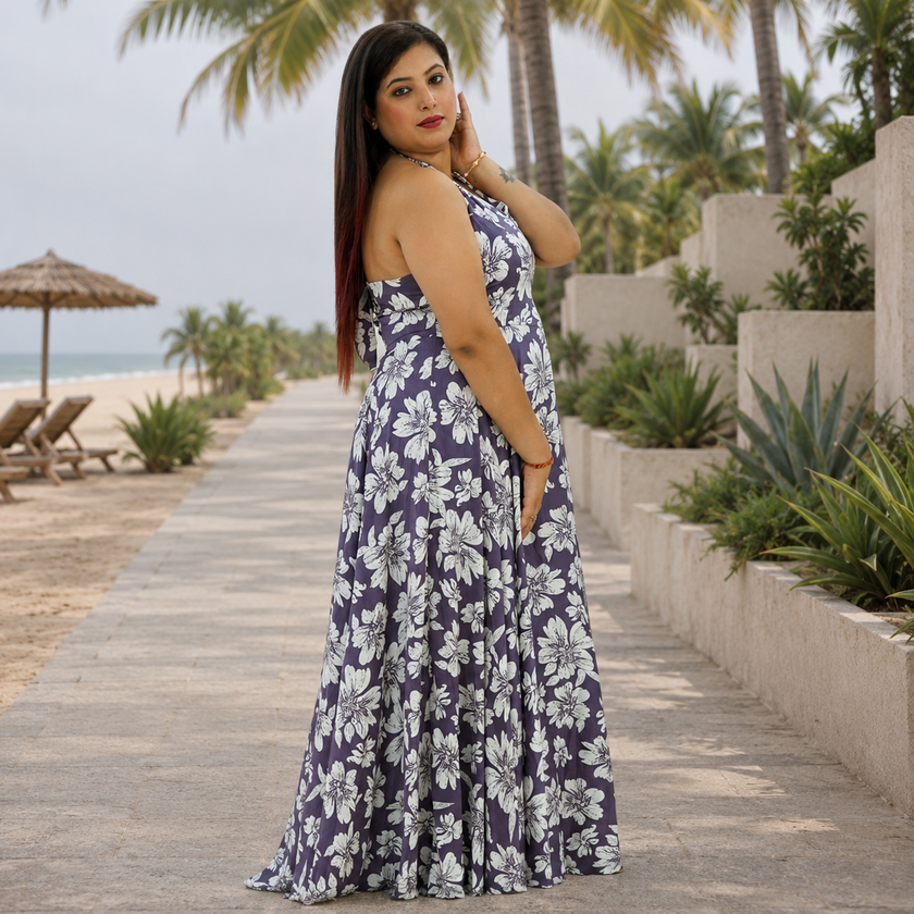 Botanical Halter Flare Maxi Dress