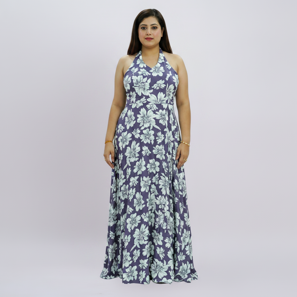 Lavender Botanical Halter Maxi Dress with Floral Print