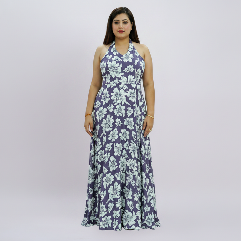 Lavender Botanical Halter Maxi Dress with Floral Print