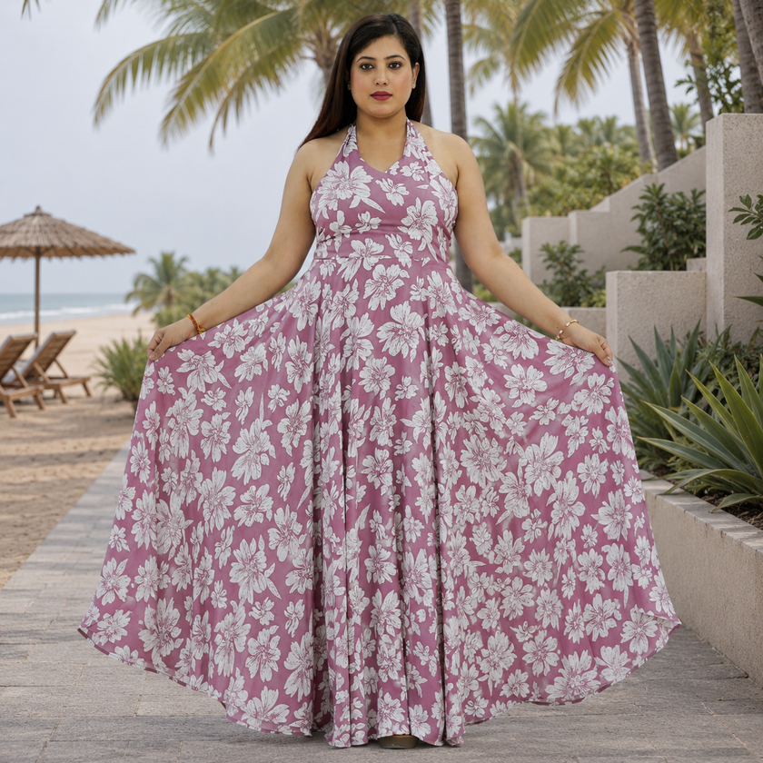 Botanical Halter Flare Maxi Dress