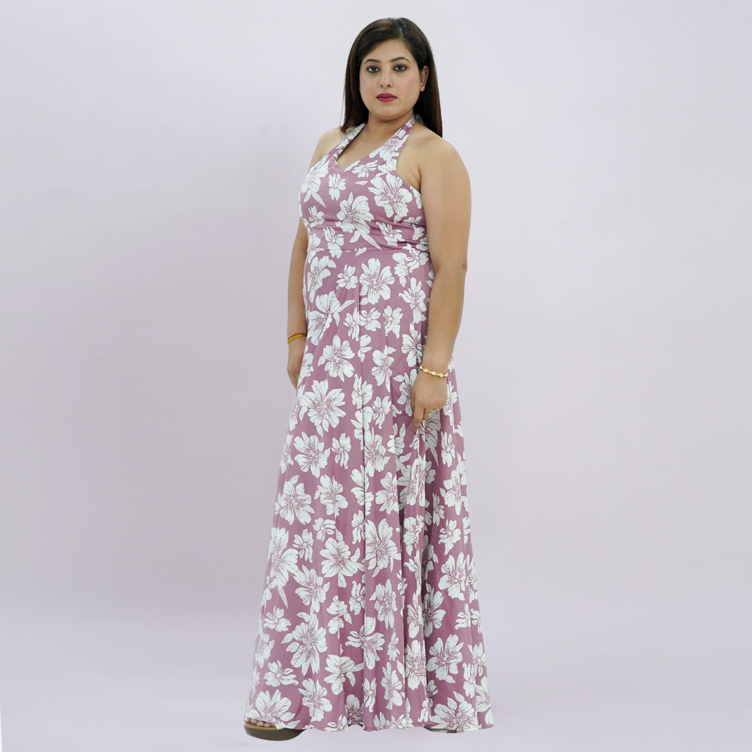 Rose Pink Botanical Halter Maxi Dress with Floral Print