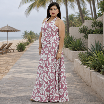 Botanical Halter Flare Maxi Dress