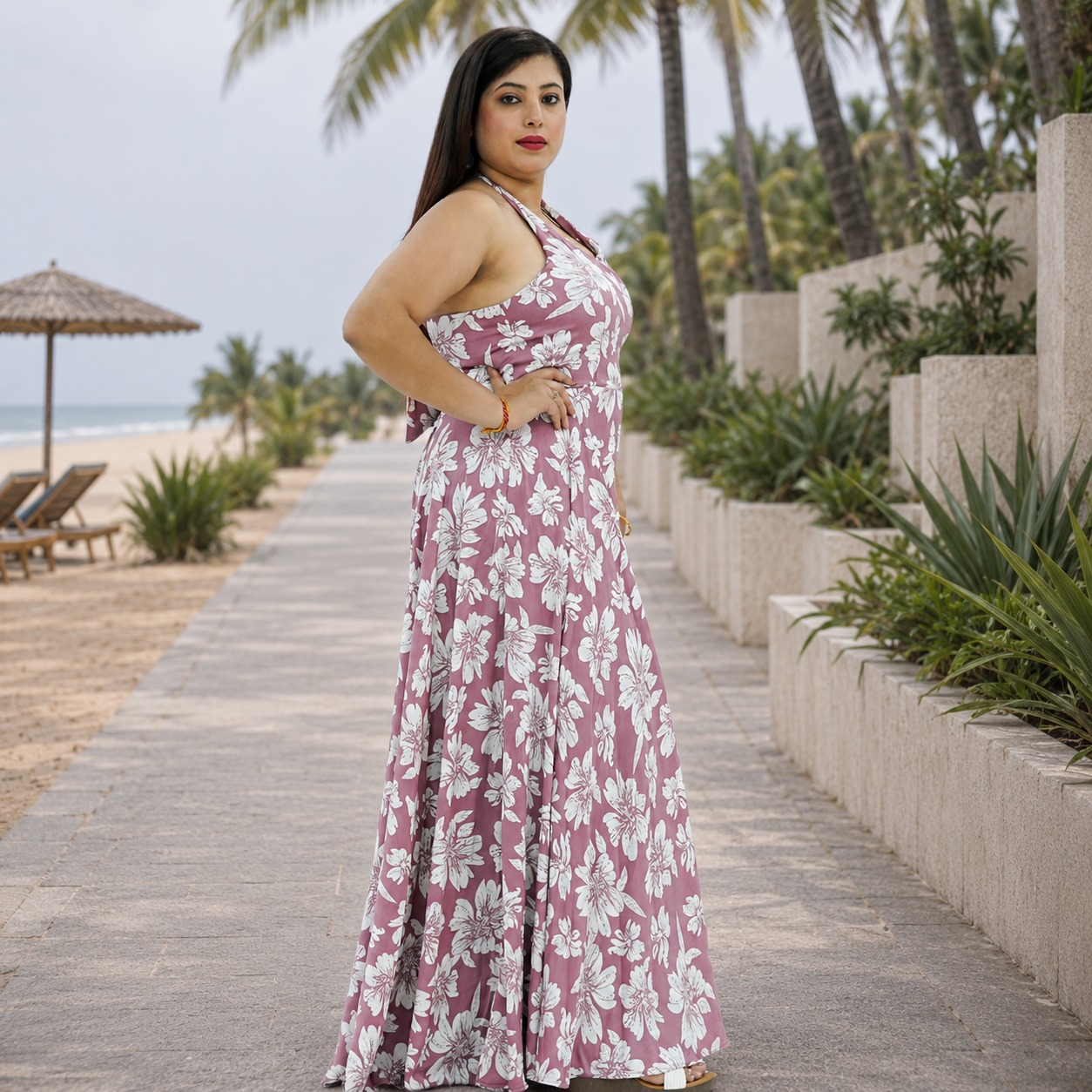 Botanical Halter Flare Maxi Dress