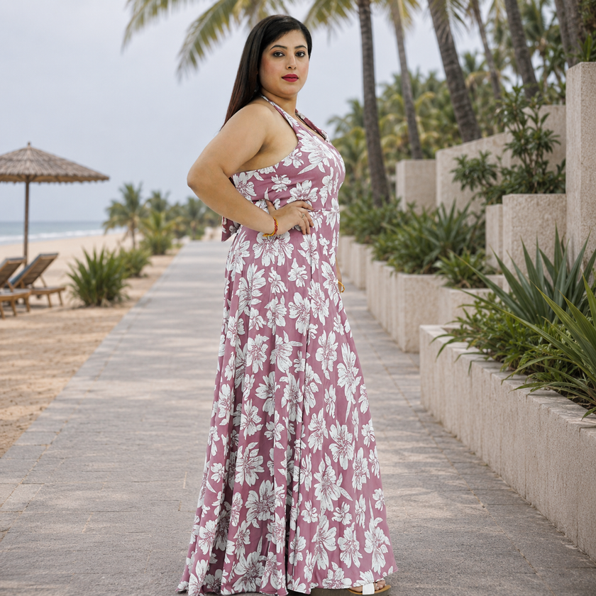 Botanical Halter Flare Maxi Dress