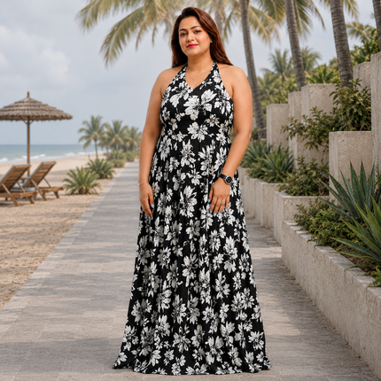 Botanical Halter Flare Maxi Dress