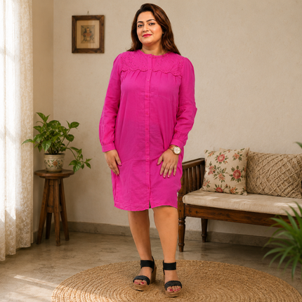Button-Down Midi Dress with Eyelet Embroidered Yoke