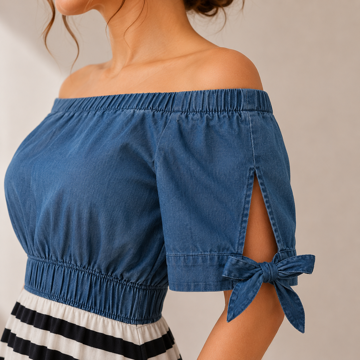 Coastal Charm Off Shoulder Stripe Midi Dress