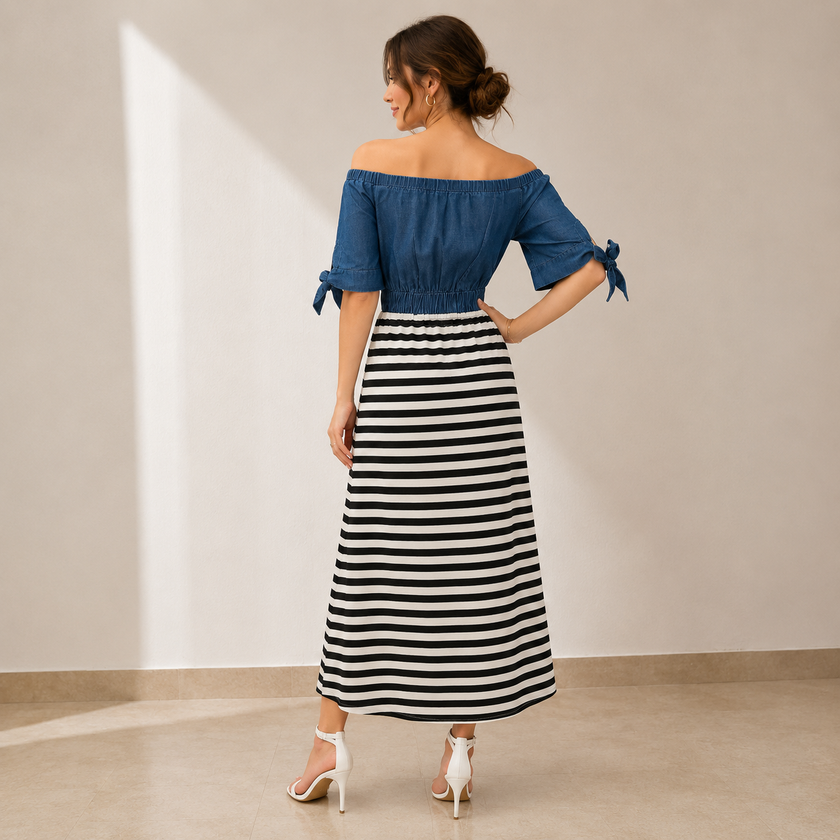 Coastal Charm Off Shoulder Stripe Midi Dress