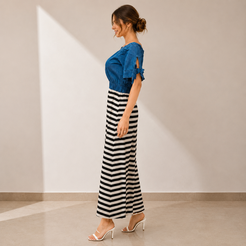 Coastal Charm Off Shoulder Stripe Midi Dress