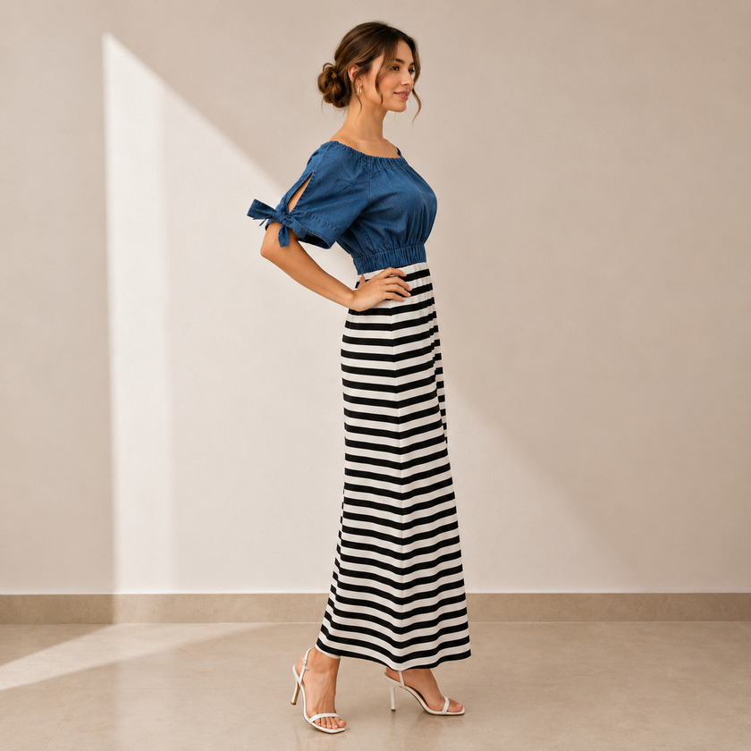 Coastal Charm Off Shoulder Stripe Midi Dress