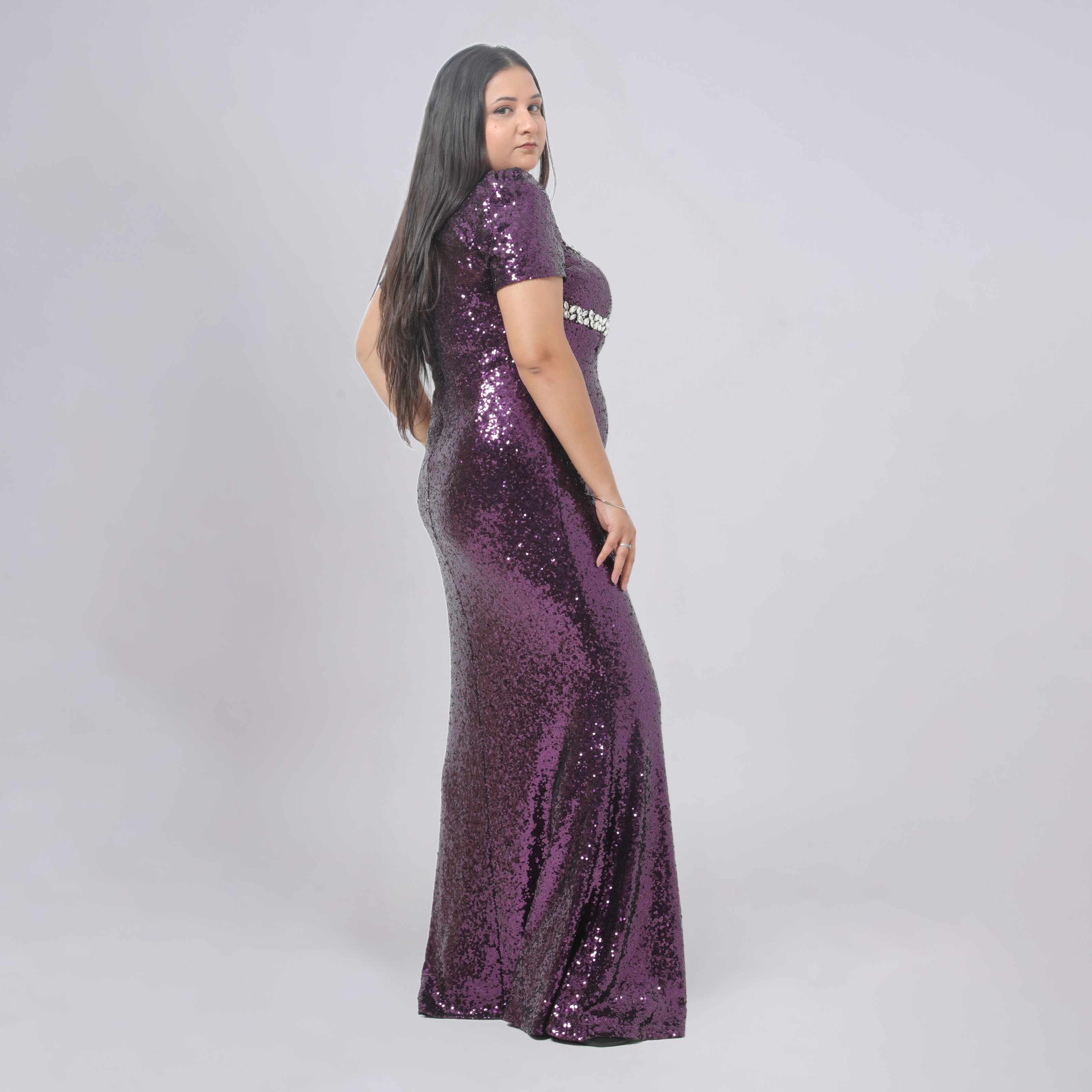 Crystal-Embellished Sequin Evening Gown