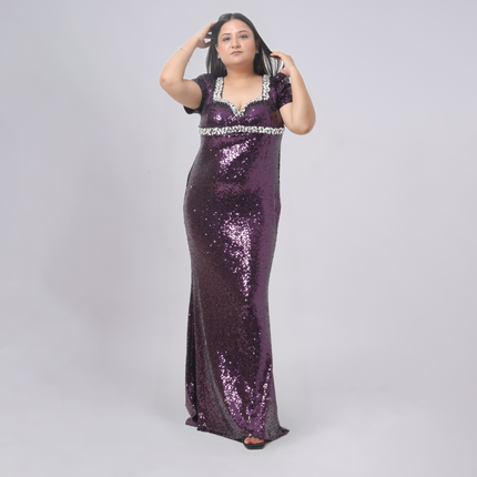 Crystal-Embellished Sequin Evening Gown
