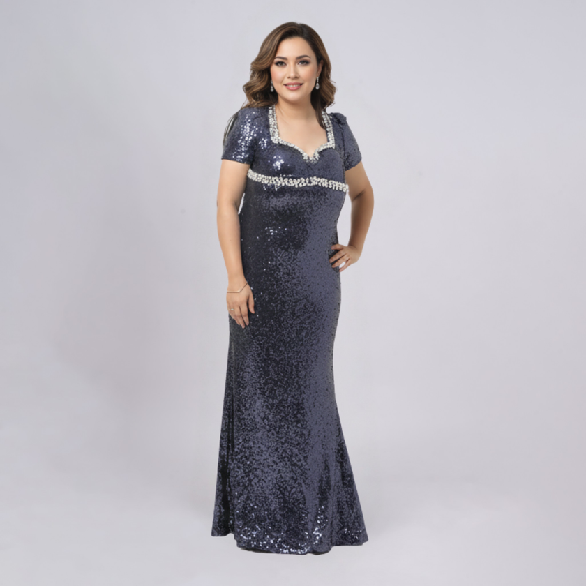 Crystal-Embellished Sequin Evening Gown