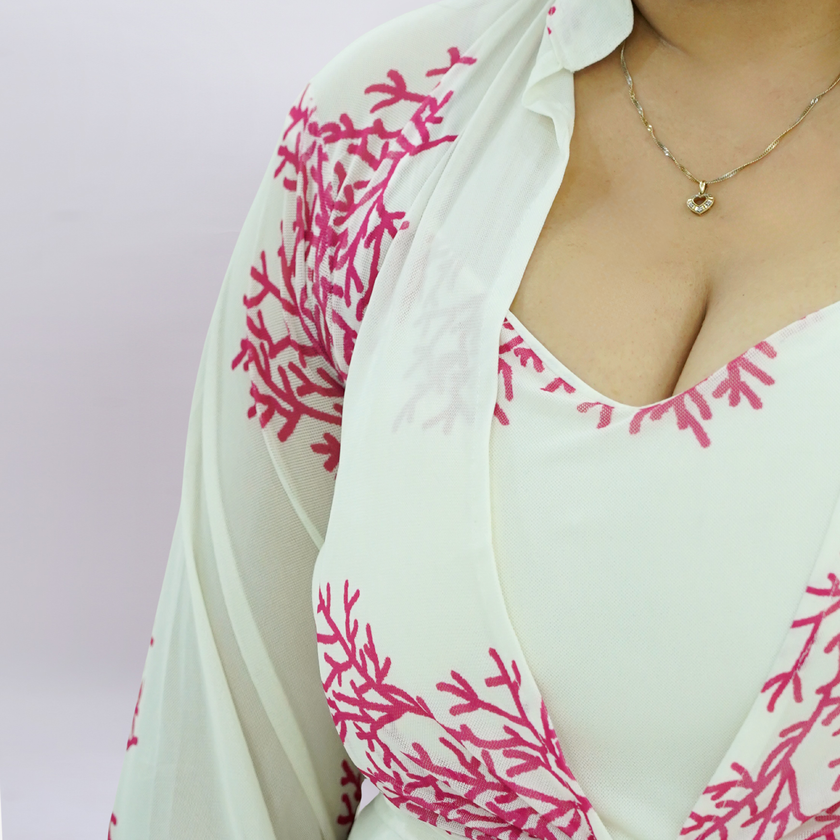 Seaside Coral Print Maxi Set with Tie-Front Shrug