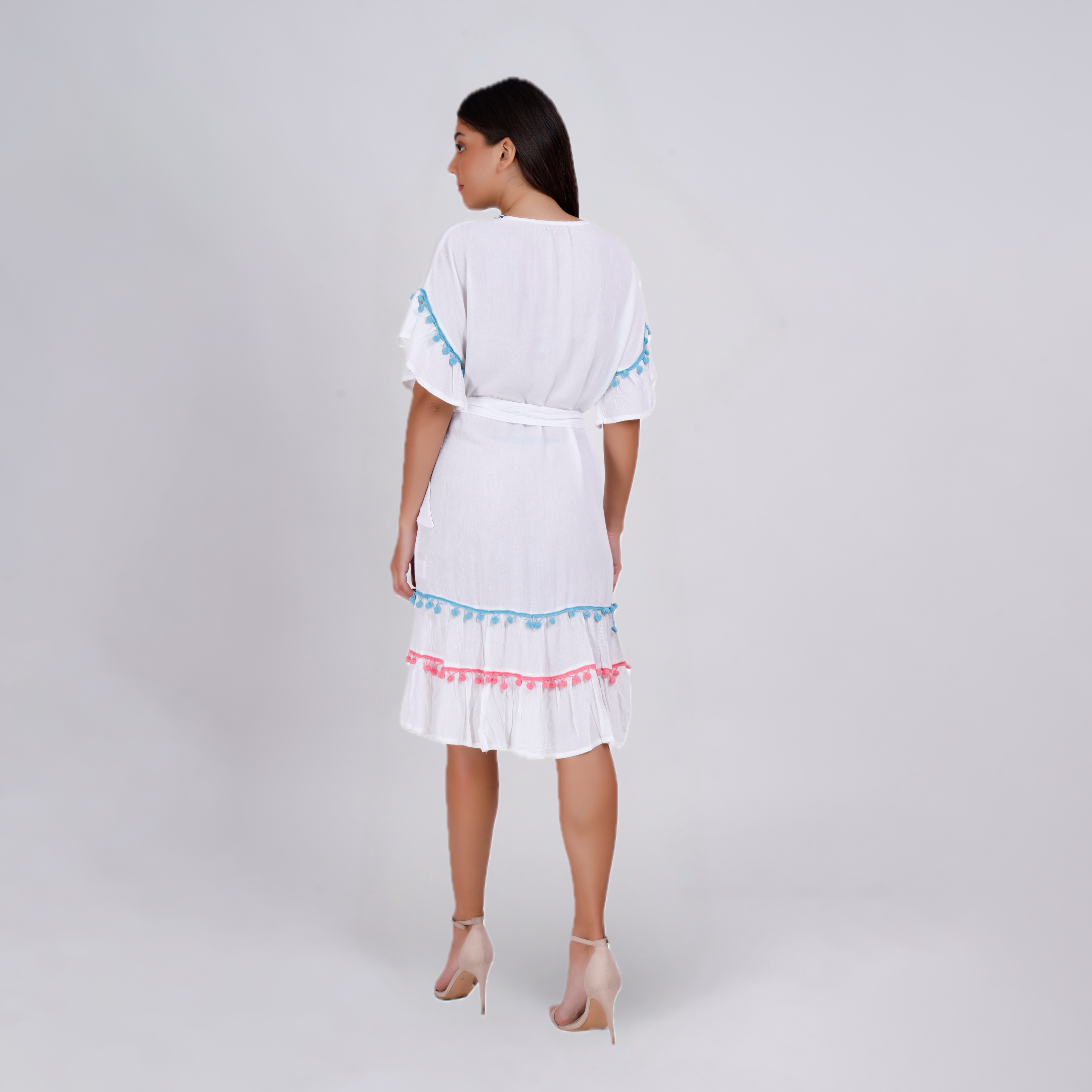 Elegant Boho Embroidered Pom-Pom Dress