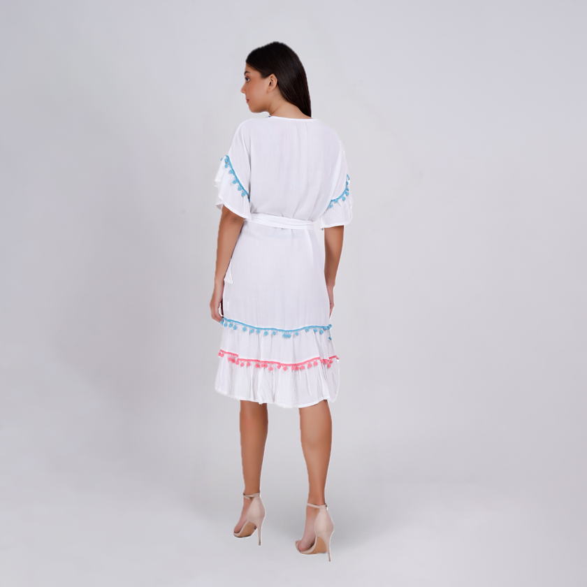 Elegant Boho Embroidered Pom-Pom Dress