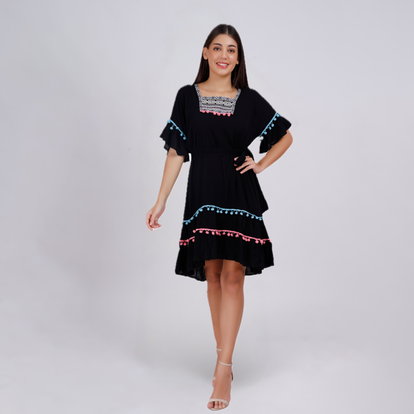 Elegant Boho Embroidered Pom-Pom Dress
