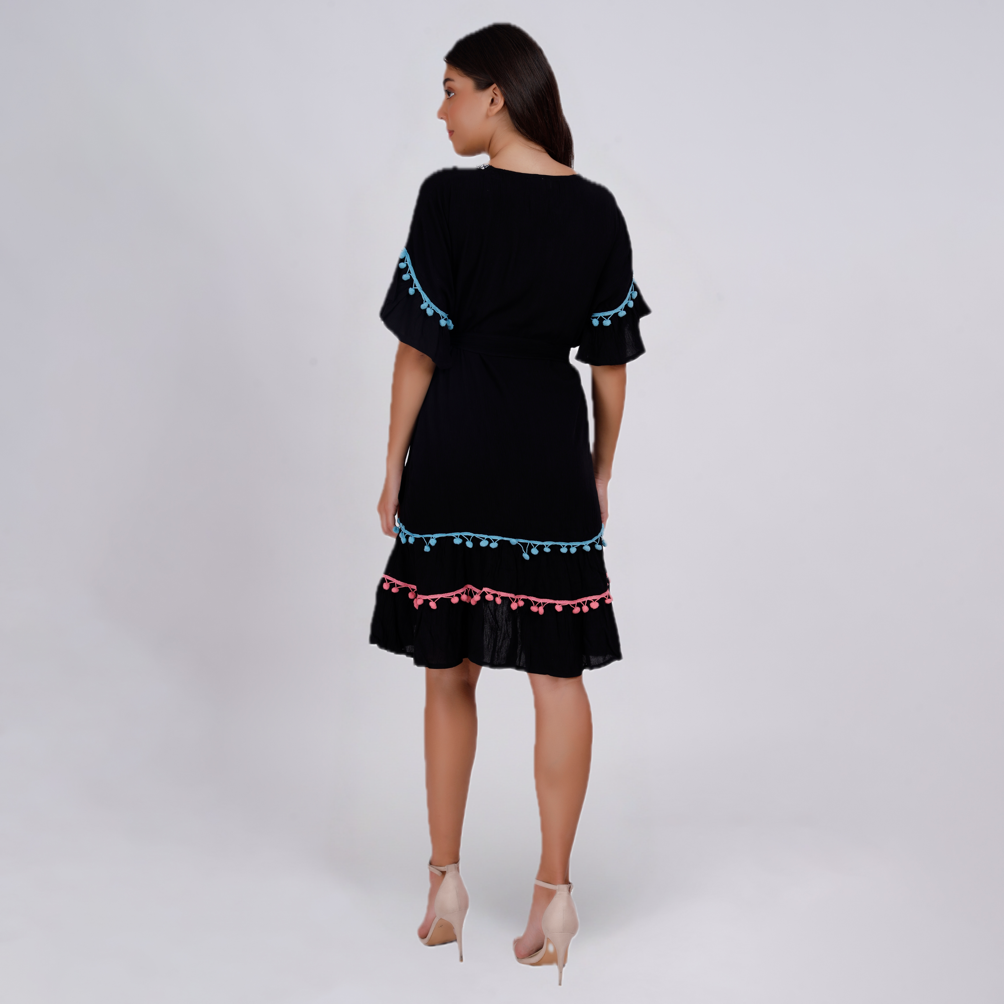 Elegant Boho Embroidered Pom-Pom Dress
