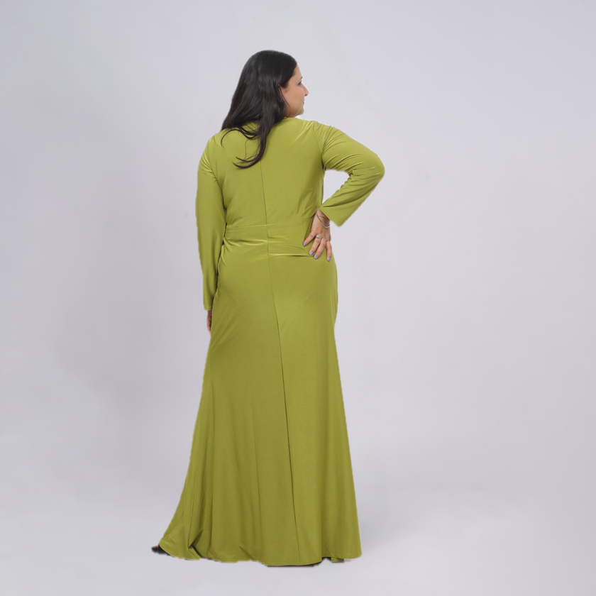 Elegant Ruched Long Sleeve Gown with Crystal Side Detail