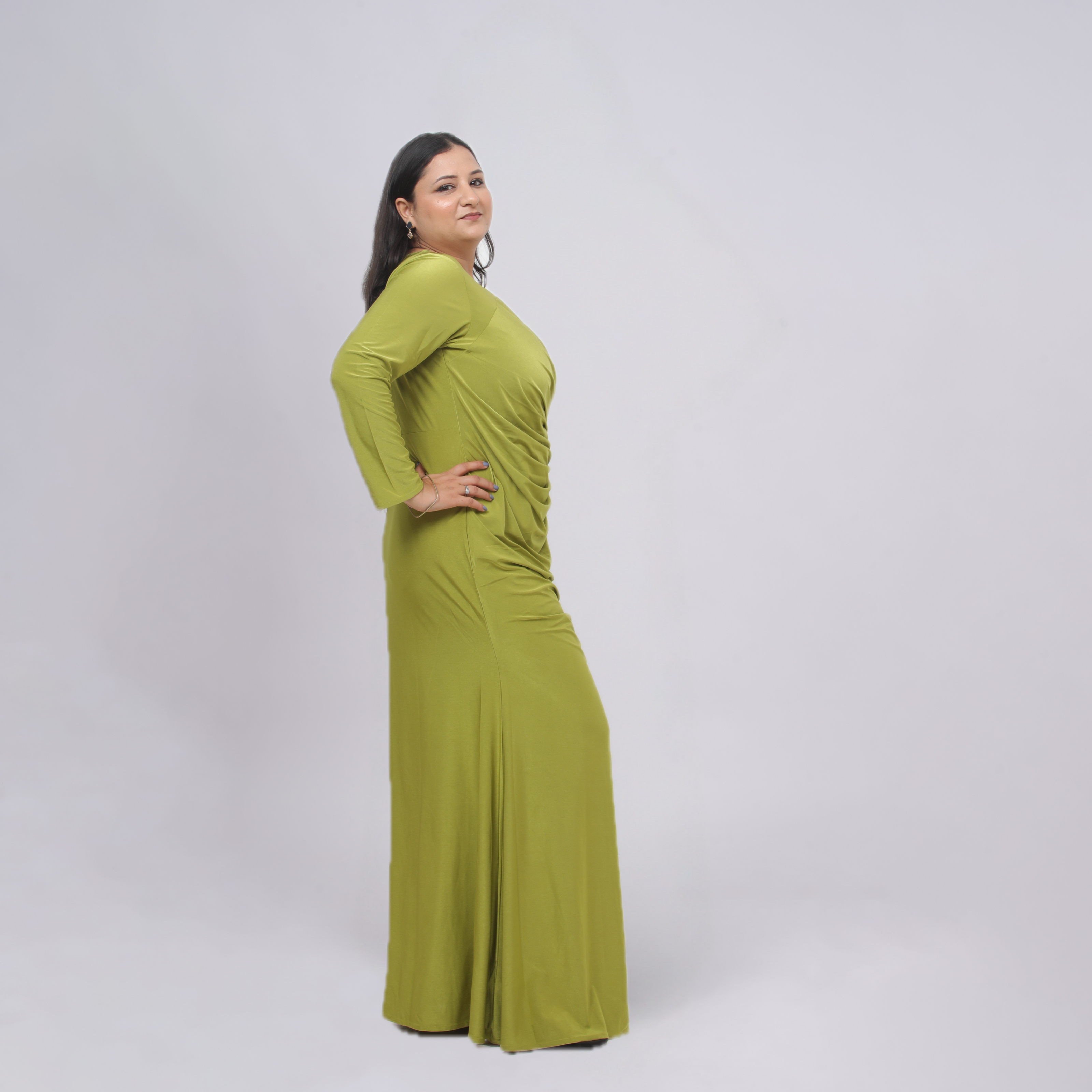 Elegant Ruched Long Sleeve Gown with Crystal Side Detail