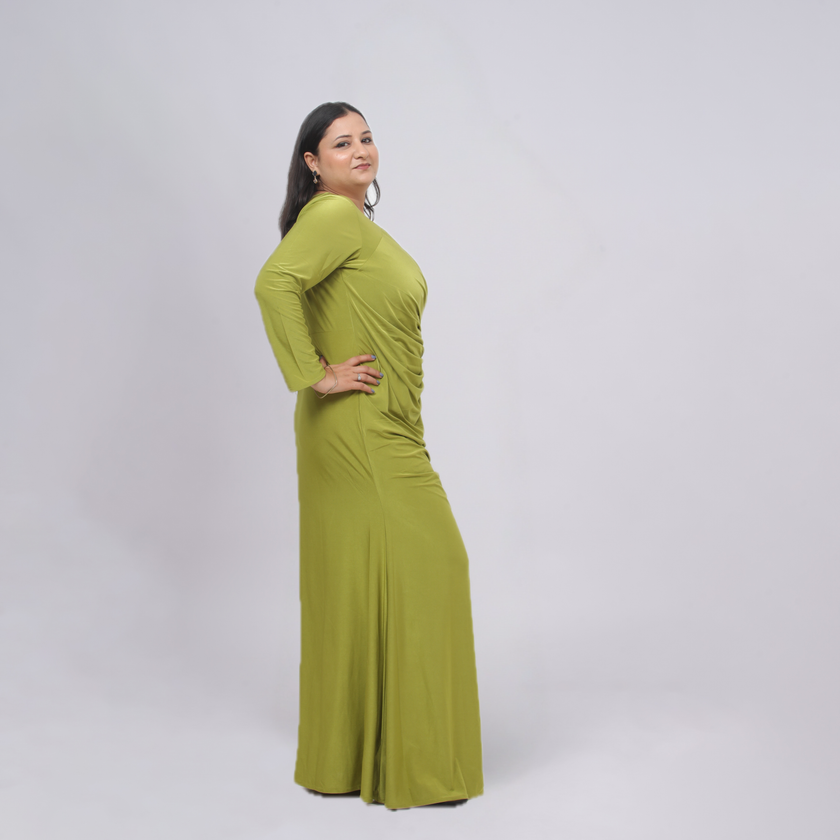 Elegant Ruched Long Sleeve Gown with Crystal Side Detail