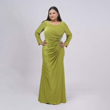 Elegant Ruched Long Sleeve Gown with Crystal Side Detail