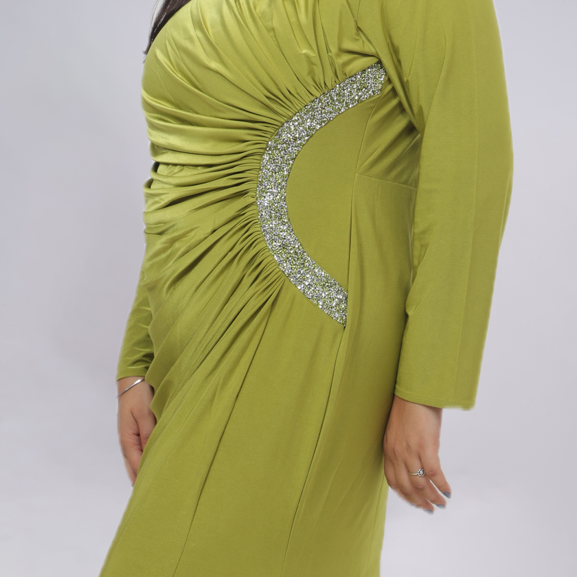 Elegant Ruched Long Sleeve Gown with Crystal Side Detail