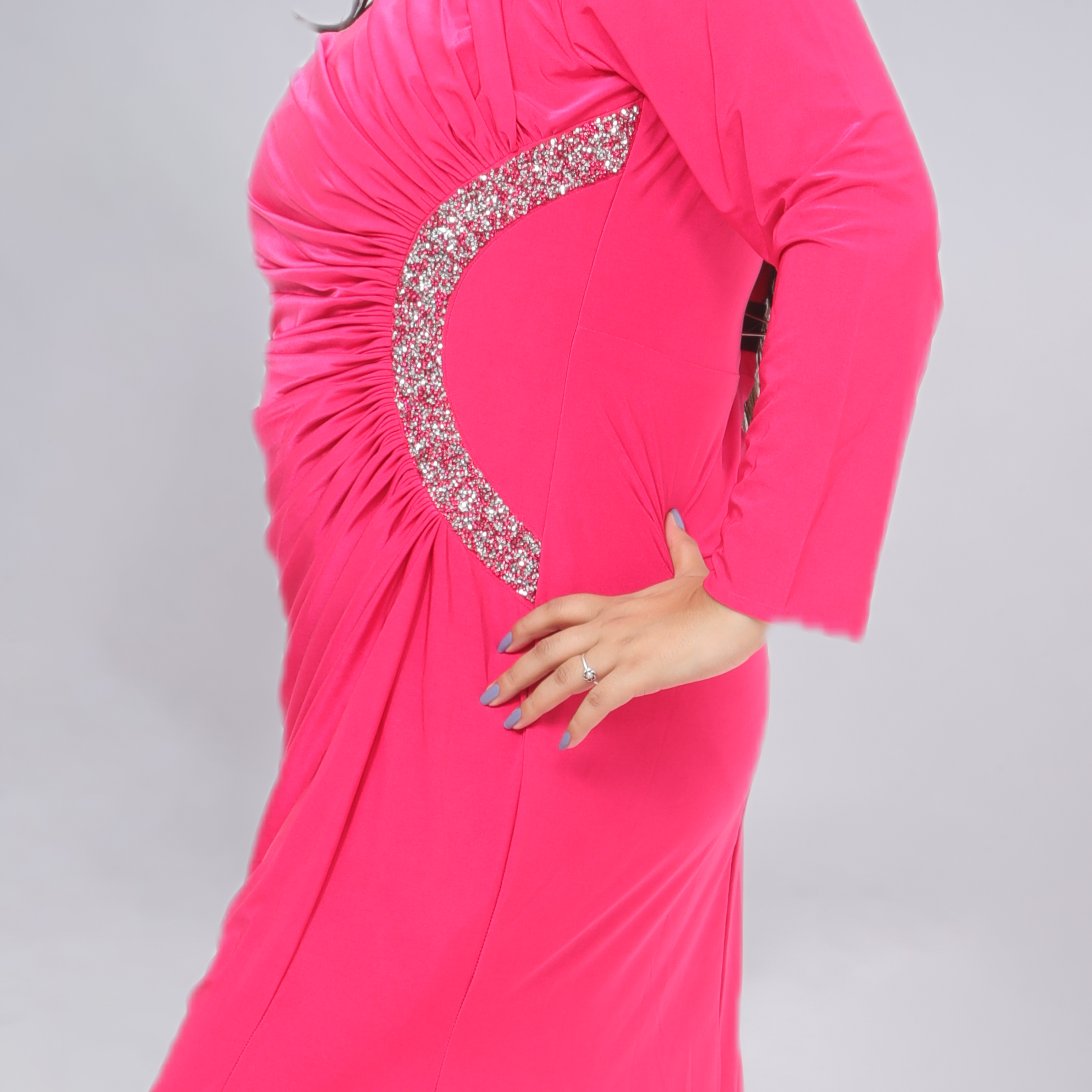 Elegant Ruched Long Sleeve Gown with Crystal Side Detail