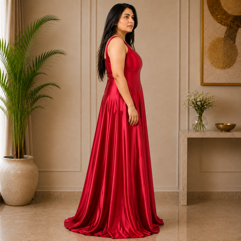 Elegant Round Neck Satin A-Line Evening Gown