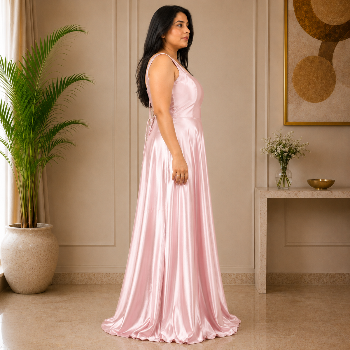 Elegant Round Neck Satin A-Line Evening Gown