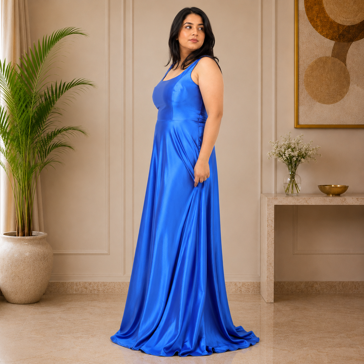 Elegant Round Neck Satin A-Line Evening Gown
