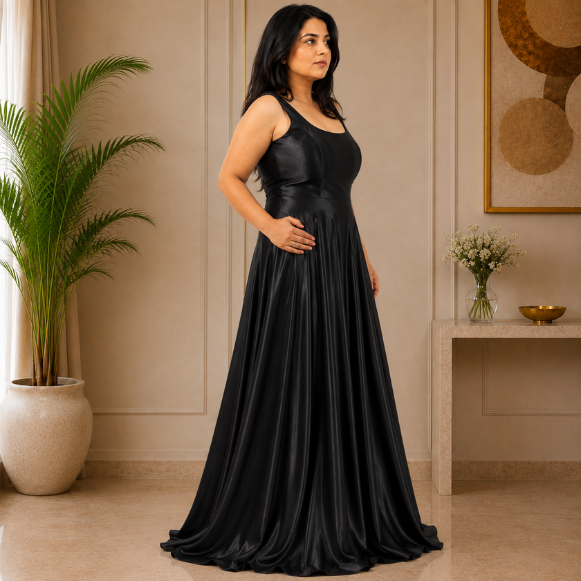 Elegant Round Neck Satin A-Line Evening Gown