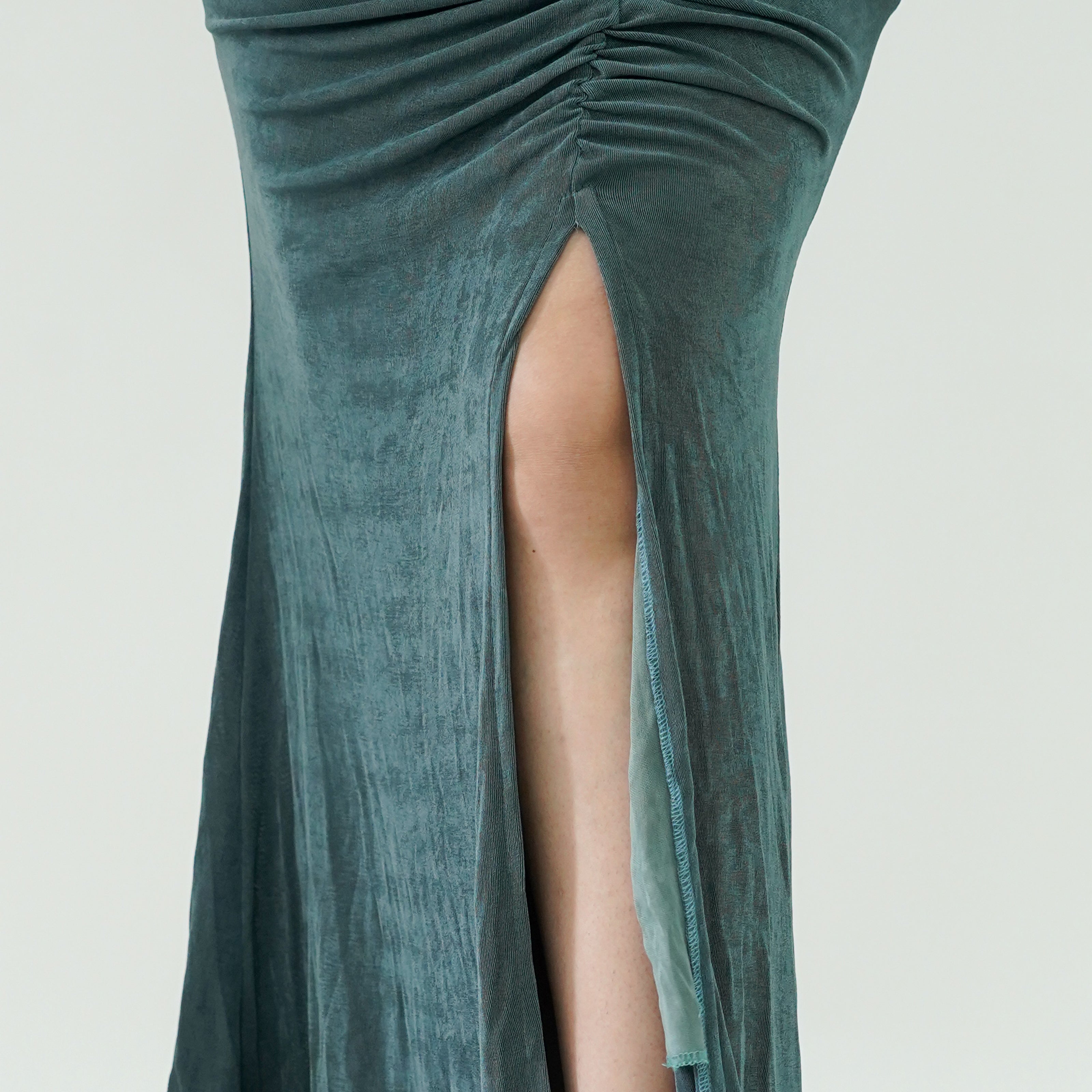Elegant V-Neck Long Sleeve Shimmer Gown with Ruched Front Slit
