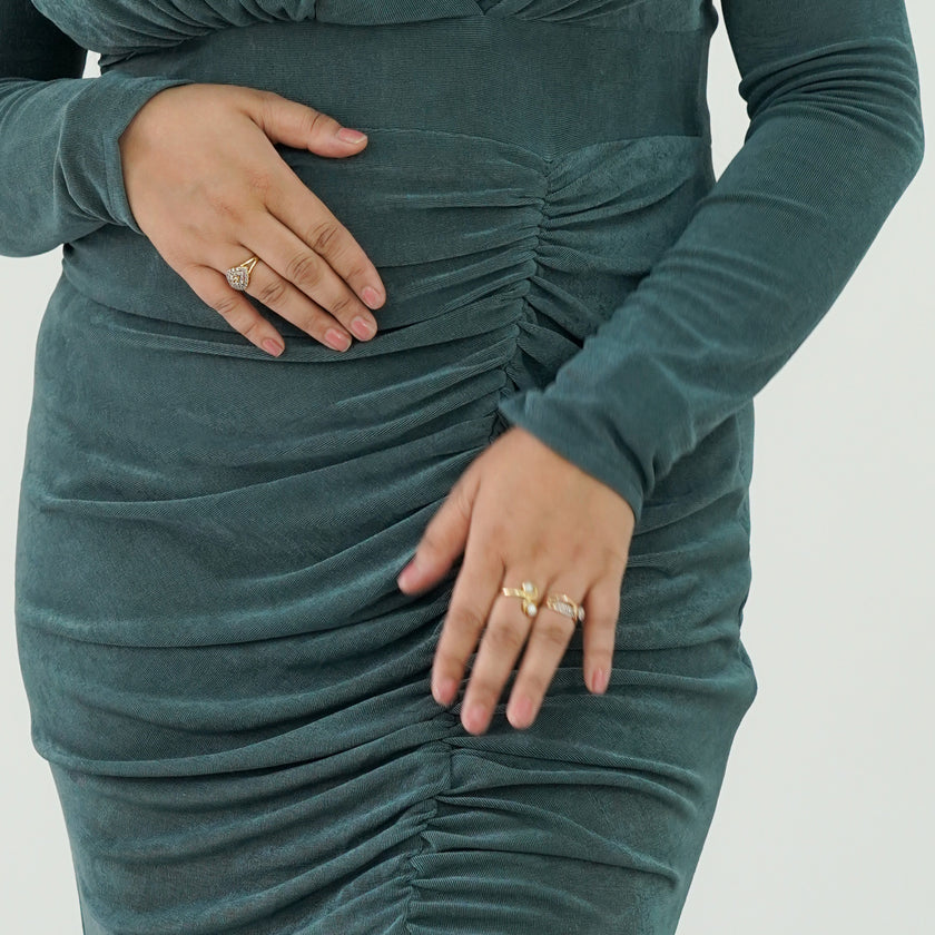 Elegant V-Neck Long Sleeve Shimmer Gown with Ruched Front Slit