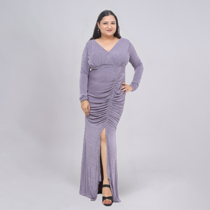 Elegant V-Neck Long Sleeve Shimmer Gown with Ruched Front Slit