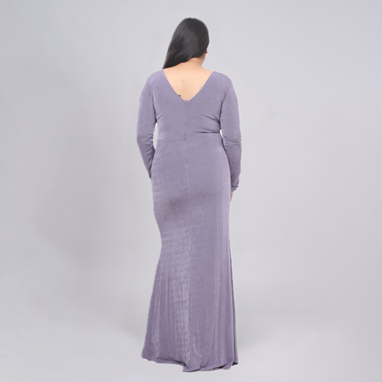 Elegant V-Neck Long Sleeve Shimmer Gown with Ruched Front Slit