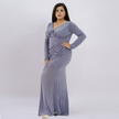Elegant V-Neck Long Sleeve Shimmer Gown with Ruched Front Slit