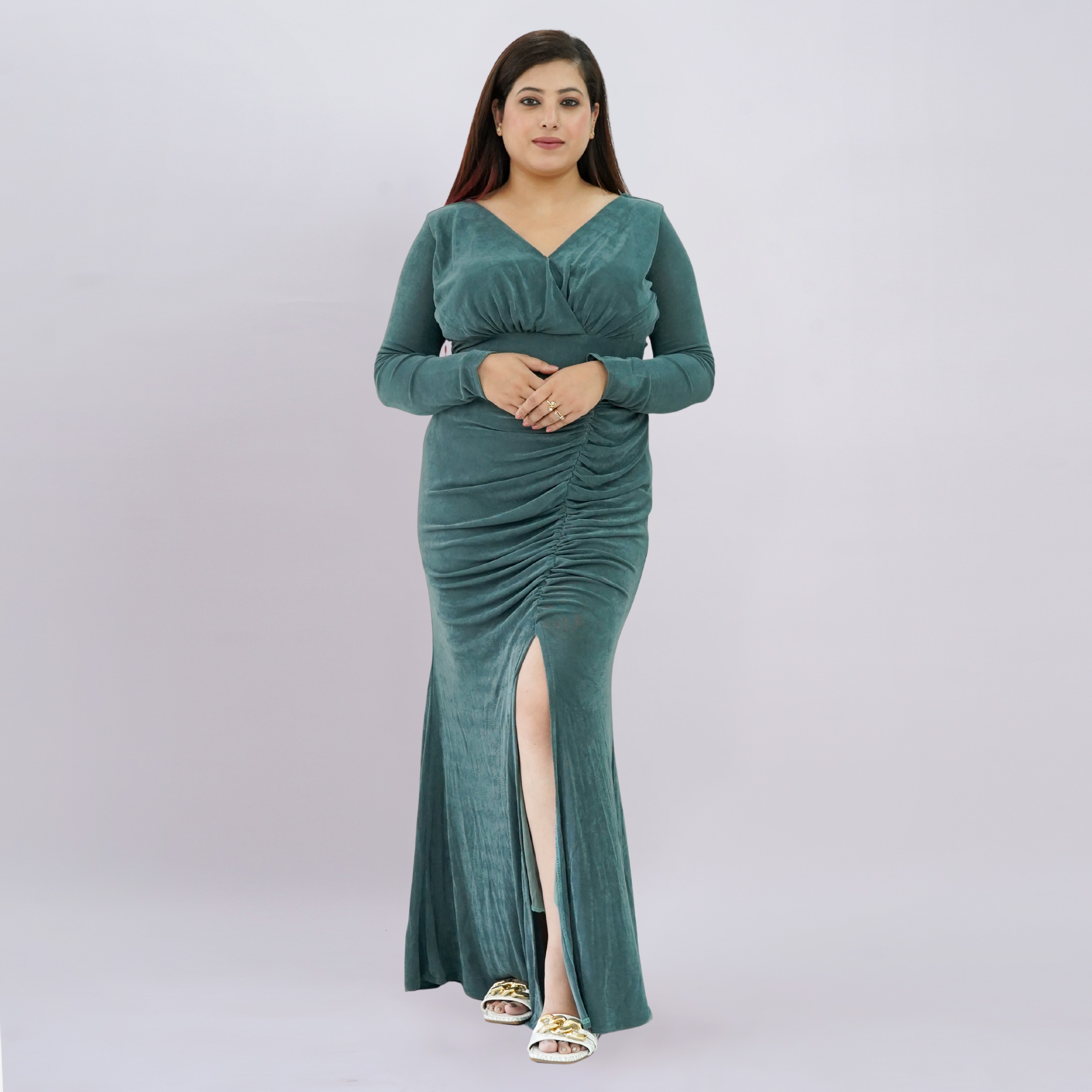 Elegant V-Neck Long Sleeve Shimmer Gown with Ruched Front Slit