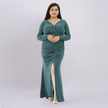Elegant V-Neck Long Sleeve Shimmer Gown with Ruched Front Slit