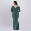 Elegant V-Neck Long Sleeve Shimmer Gown with Ruched Front Slit
