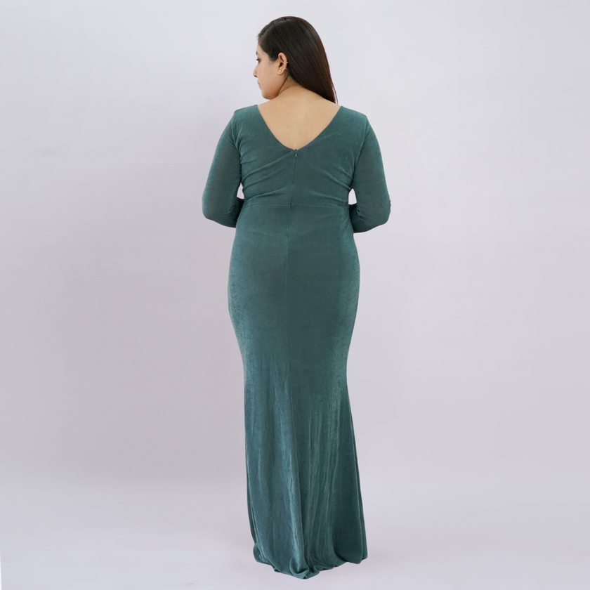 Elegant V-Neck Long Sleeve Shimmer Gown with Ruched Front Slit
