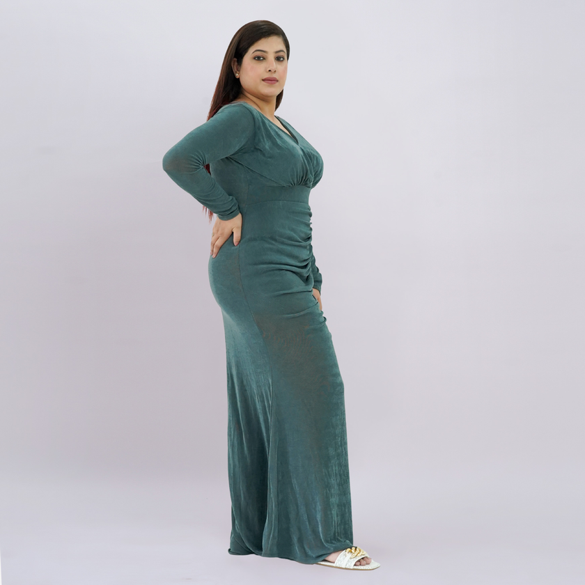 Elegant V-Neck Long Sleeve Shimmer Gown with Ruched Front Slit