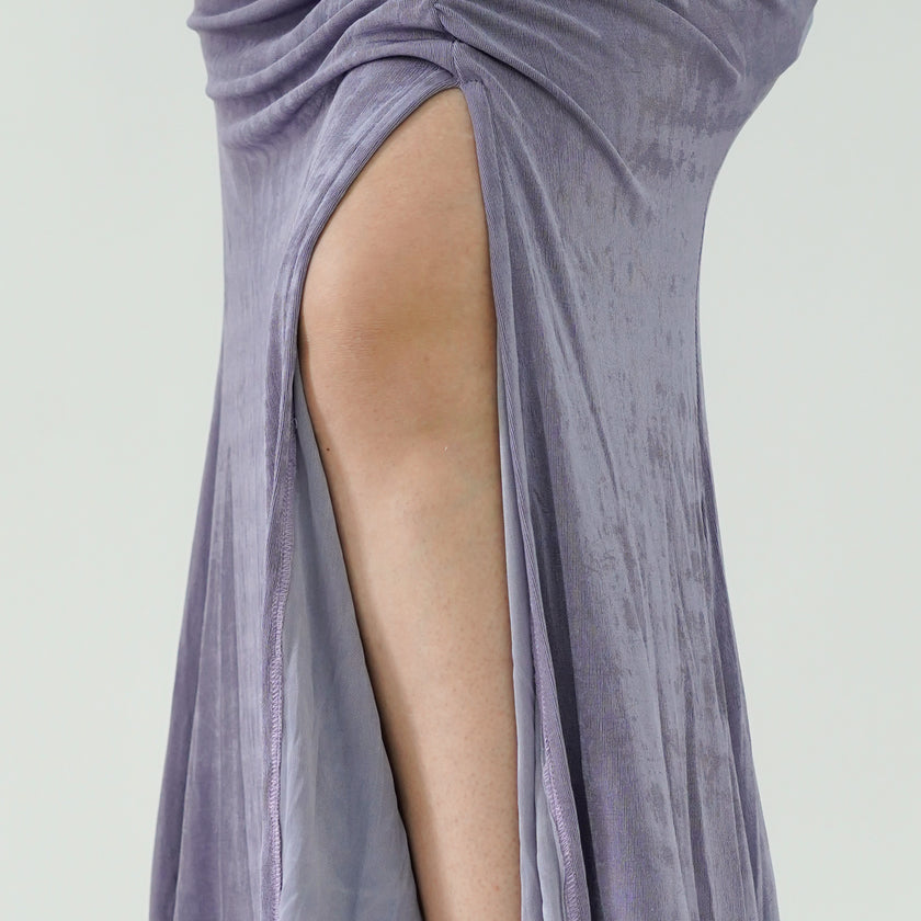 Elegant V-Neck Long Sleeve Shimmer Gown with Ruched Front Slit